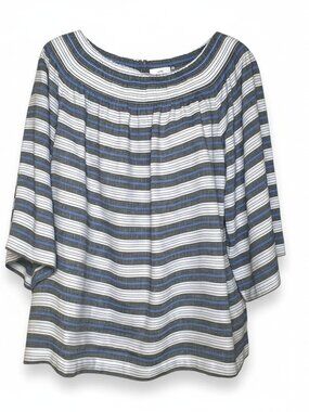 J.Jill Women's Size M Peasant Blouse Linen Blend Striped Smocked Neckline